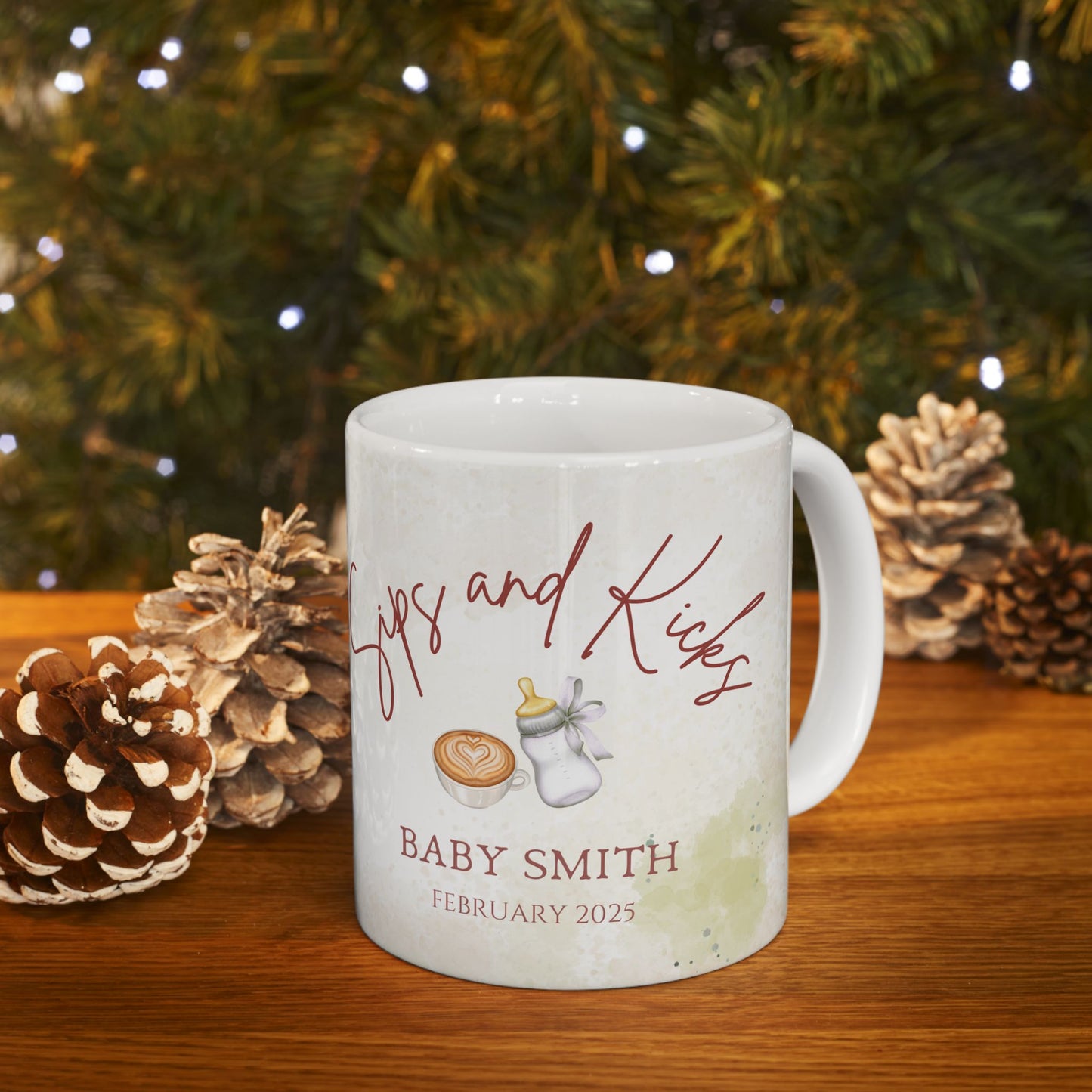 Customized Pregnancy Announcement Ceramic Mug "Sips and Kicks" with Baby Name & Due Date